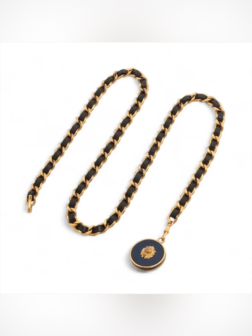 Authentic CHANEL vintage Lion medallion charm chain leather belt 85cm